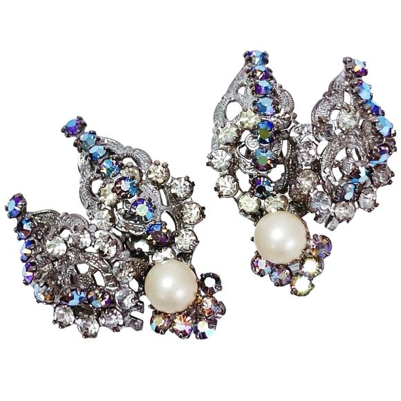 VTG Signed Hobé Mid Century Earrings AB 1950s Rhinestone Faux Pearl Clip On - Picture 1 of 11